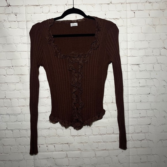 West of Melrose Chocolate Brown Ribbed Lace Trim Button Up Cardigan Sweater SM - Picture 3 of 9